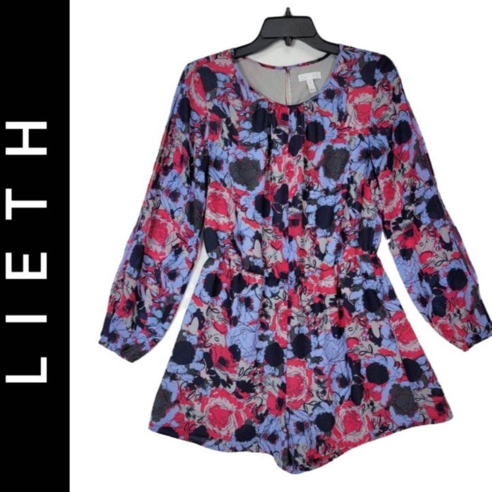 Lieth Women's Multicolored Romper Elastic V- front Casual Long Sleeve Size Small